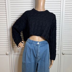 Babaton Black Cable Knit Cropped Sweater